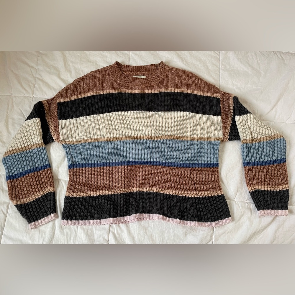 American Eagle Outfitters Brown and Blue Striped Cotton Blend Sweater